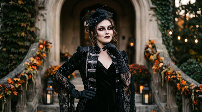  Young fashion model with gothic makeup and long black gloves posing in an elegant Halloween look, featuring dramatic eyes, pale skin, dark lips and a mysterious