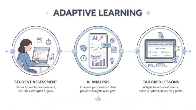 Business Infographic Template about Adaptive Learning, 3 Steps Flat Line Art Vector Illustration