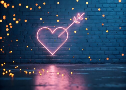 Neon heart shape with arrow and leaf glowing on brick wall background