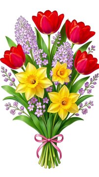 Spring flower bouquet transforming from outline drawing to color
