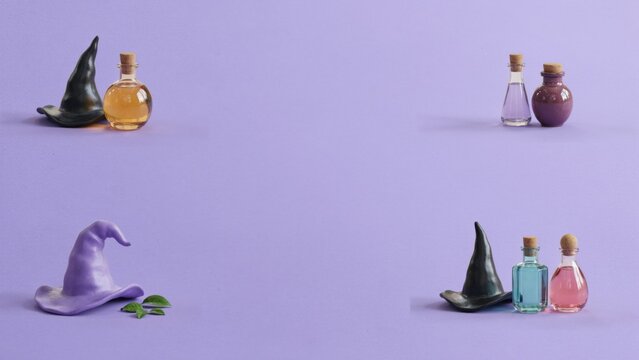 Halloween Bundle showcasing magic potions and witch hats on purple background