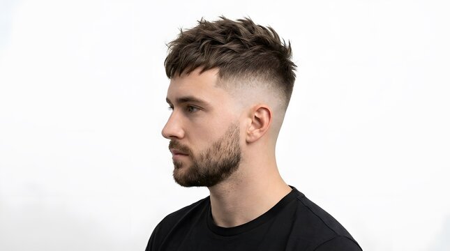 Profile view of a young man with a modern textured fade haircut and beard.
