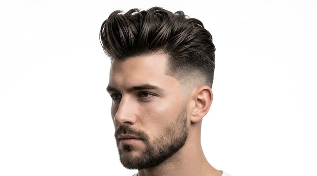 Portrait of a handsome young man with a stylish modern haircut and groomed beard.