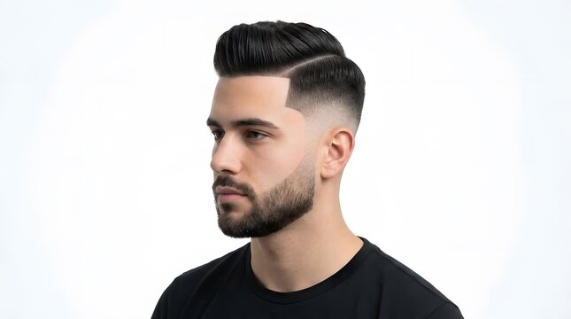 Portrait of a handsome young man with a stylish modern haircut and groomed beard.