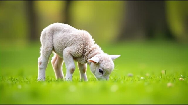 A young sheep standing on a lush green meadow