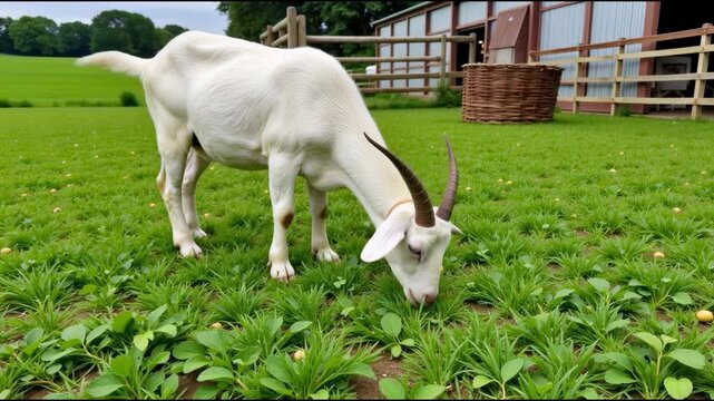 A goat grazing in a field of green grass
