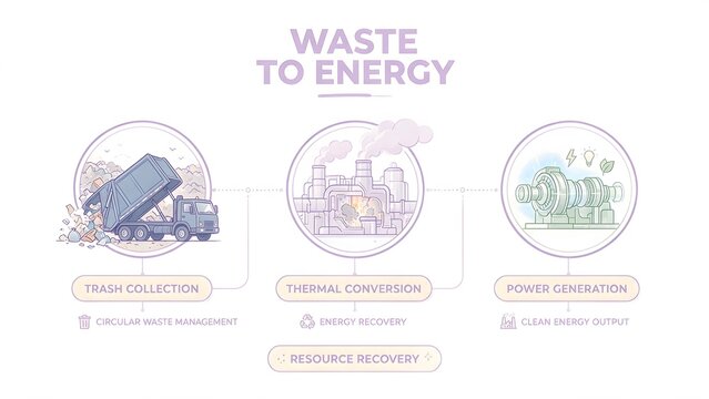 Business Infographic Template about Waste To Energy, 3 Steps Flat Line Art Vector Illustration
