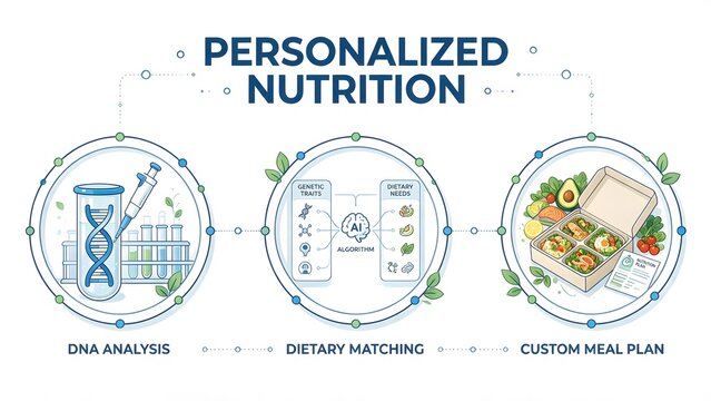 Business Infographic Template about Personalized Nutrition, 3 Steps Flat Line Art Vector Illustration