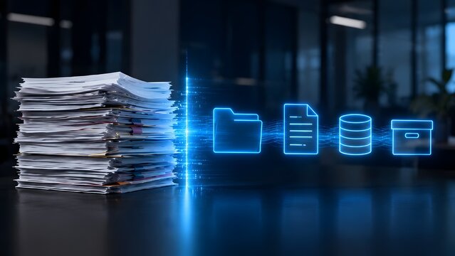 Document digitization process showing physical paper stack transforming into glowing digital icons representing paperless office and data management