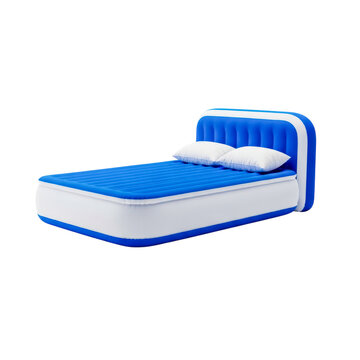 Modern blue inflatable mattress on a bed frame isolated on white background