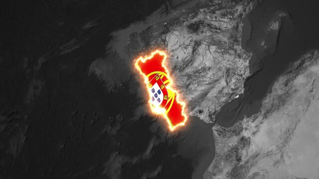 Animated map of Portugal glowing with national flag on dark grayscale globe