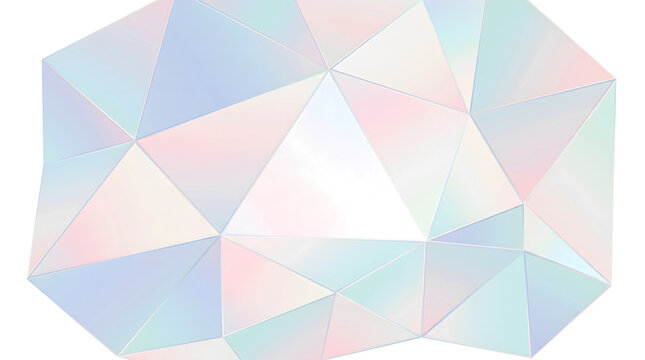 Iridescent crystal shape with faceted triangular polygons in pastel tones for modern geometric design use with PNG, Transparent and Black Background Versions