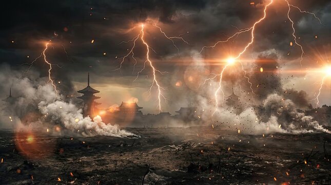 Dramatic lightning strikes over ruined urban landscape.