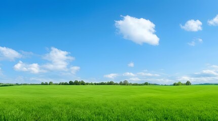 Obraz premium Vibrant green meadow under a bright blue sky with fluffy white clouds.