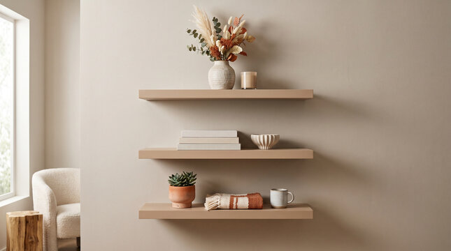 Three floating wall shelves decorated with pampas grass vase, candle, books, ceramic bowl, potted succulent, and knit throw blanket in neutral room