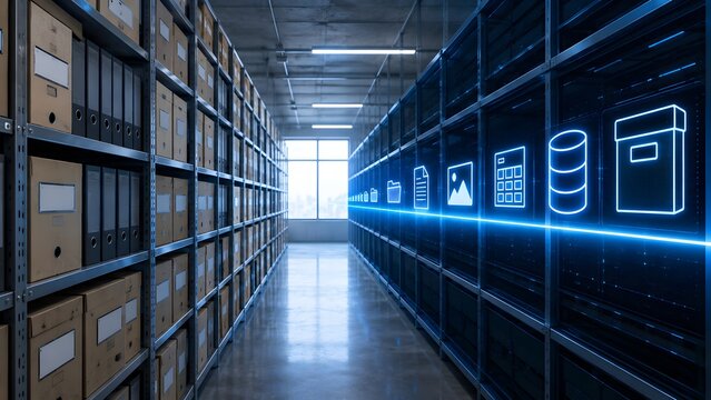 Digital archive transformation concept with glowing blue data stream and digital icons illuminating warehouse aisle of physical document storage boxes