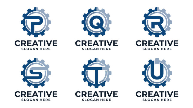 This image showcases a set of six logos combining gears and letters, ideal for companies in engineering, manufacturing, and technology sectors to convey innovation.