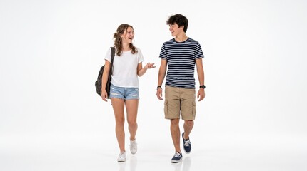 Obraz premium Happy teenage students walking and talking together, isolated on white background