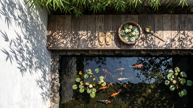 Top view of Japanese zen garden koi pond with colorful koi fish, water lilies, wooden deck with straw sandals, and bamboo leaf shadows on wall