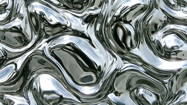 Macro shot of liquid chrome metal with smooth, glossy, flowing surface ripples.
