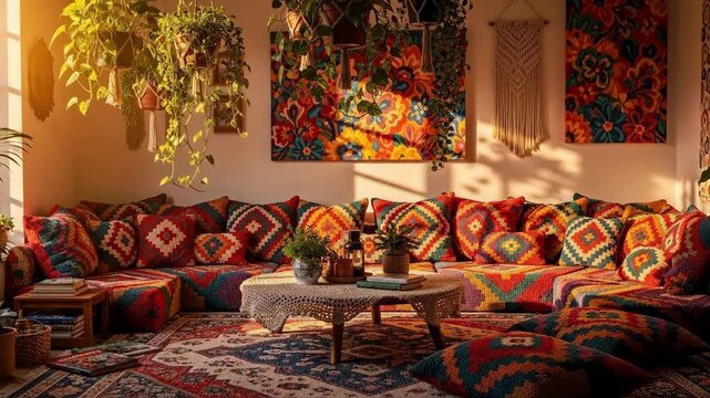 A vibrant bohemian living room with colorful patterned cushions and warm sunlight.