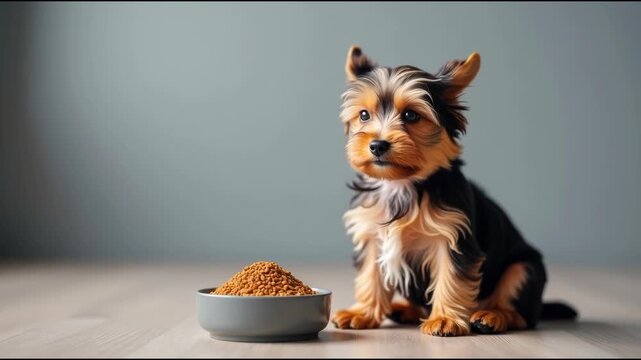 A small dog sitting next to a bowl of food, ready to eat