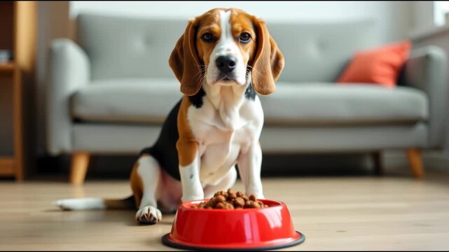 A beagle sits next to a bowl of food