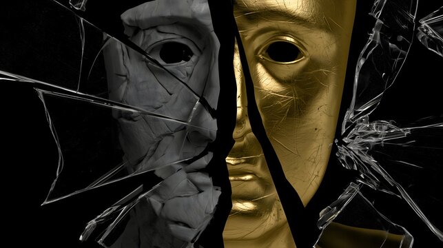 Surreal art showing broken statue faces in cracked glass with golden and stone textures.