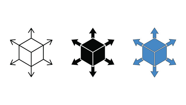Set of 3d cube icons with arrows pointing in all directions, representing expansion, growth, or multidimensional movement