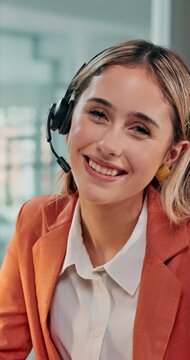 Headset, happy and face of woman in call center for consulting, advice or help at real estate agency. Portrait, business and person for contact us, virtual assistance and support for property faq