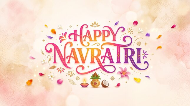 Happy navratri elegant greeting with traditional kalash and diya