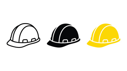 Fototapeta premium Set of construction hard hat icons, safety helmet vector illustrations in outline, solid black, and yellow styles