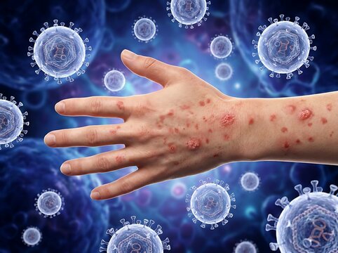 Human hand with skin rash and lesions surrounded by floating virus particles, conceptual medical illustration of viral infection and skin disease