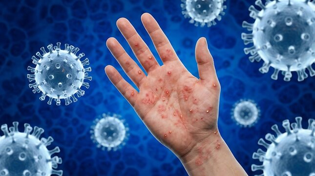 Closeup of a human hand showing symptoms of mpox or monkeypox virus infection with characteristic skin lesions and pustules against a blue viral background