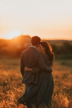 Romantic couple embracing in a grassy field at sunset for wedding or love background and warm golden hour banner design