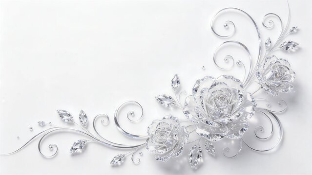 Clear crystal glass roses, elegant waving floral corner frame border, premium wallpaper backdrop, copy space, gemstone accent, graceful delicate swirling silver scrolls, plain clean white background