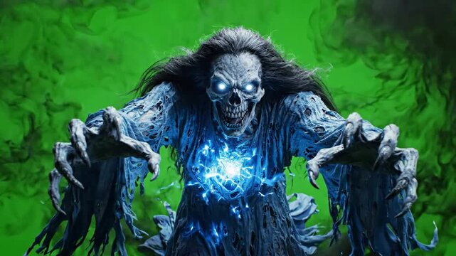 Scary ghost with glowing blue magic energy and dark smoke on green screen cinematic horror visual effects
