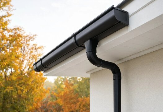 Modern black rain gutter and downspout mounted on a residential roof edge, featuring white soffit panels, daylight, and softly blurred golden autumn foliage background.