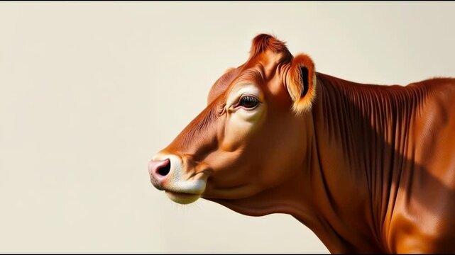 Close-up of a brown cow with a white background