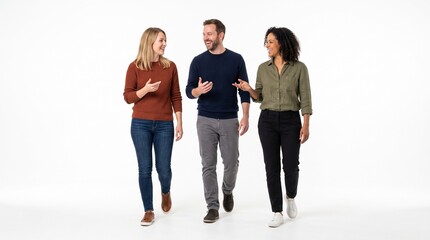 Obraz premium Three diverse colleagues walking and talking together, smiling and engaged in a friendly conversation, isolated on white background