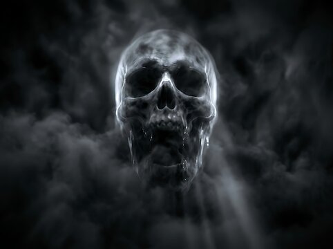 Dramatic rendering of a human skull surrounded by swirling smoke and shadows for halloween or gothic themes