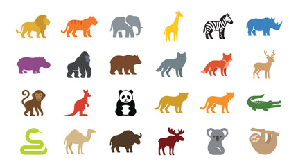 Fototapeta premium Wild Animal Icon Set – Solid Color Flat Vector Wildlife Icons Collection