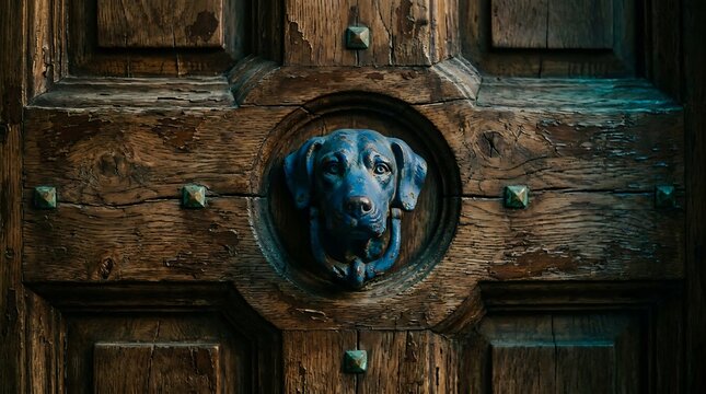 Detailed close up of an antique wooden door featuring a sculpted dog head with weathered blue paint
