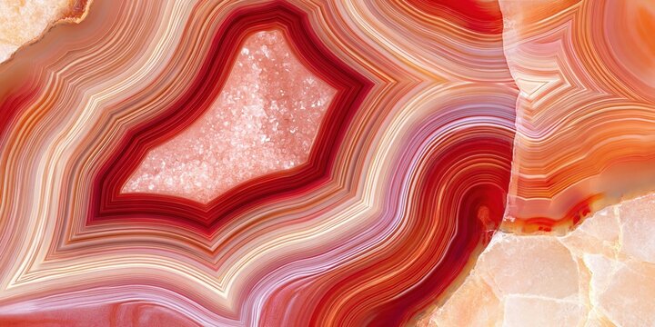 Polished agate cross section with concentric red and orange bands and crystalline center