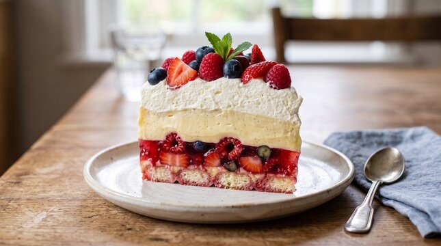 Delicious Berry Trifle Slice with Cream Custard and Fresh Fruit Topped with Mint