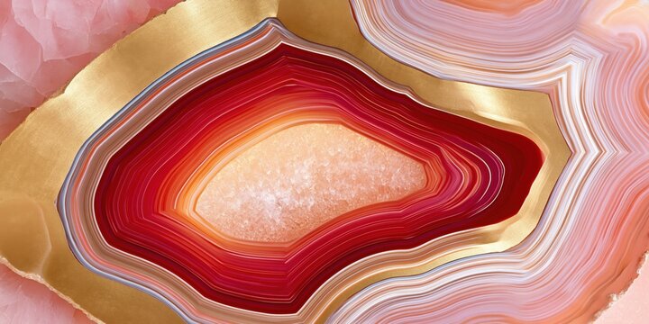 Polished agate slice with concentric red and gold bands, abstract macro texture