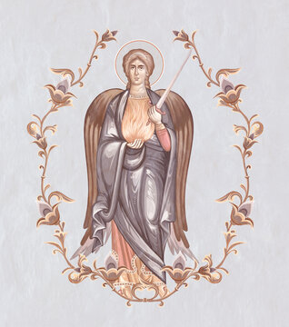 Archangel Uriel. Christian pastel illustration in Byzantine style in floral frame