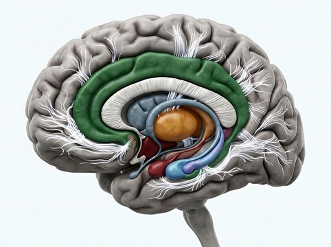 3d illustration of the human brain anatomy showing the limbic system, corpus callosum, and internal structures isolated on white background
