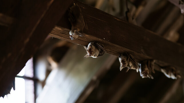 Bats hanging from wooden beam in old building