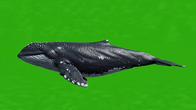 Humpback whale swimming isolated on green screen, 3D animation of marine life for wildlife documentary and educational projects
